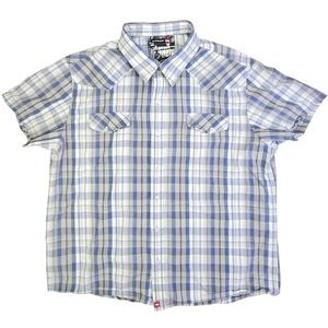 The Hawk Company Plaid Short Sleeve Western Shirt Womans XL Blue White Cotton